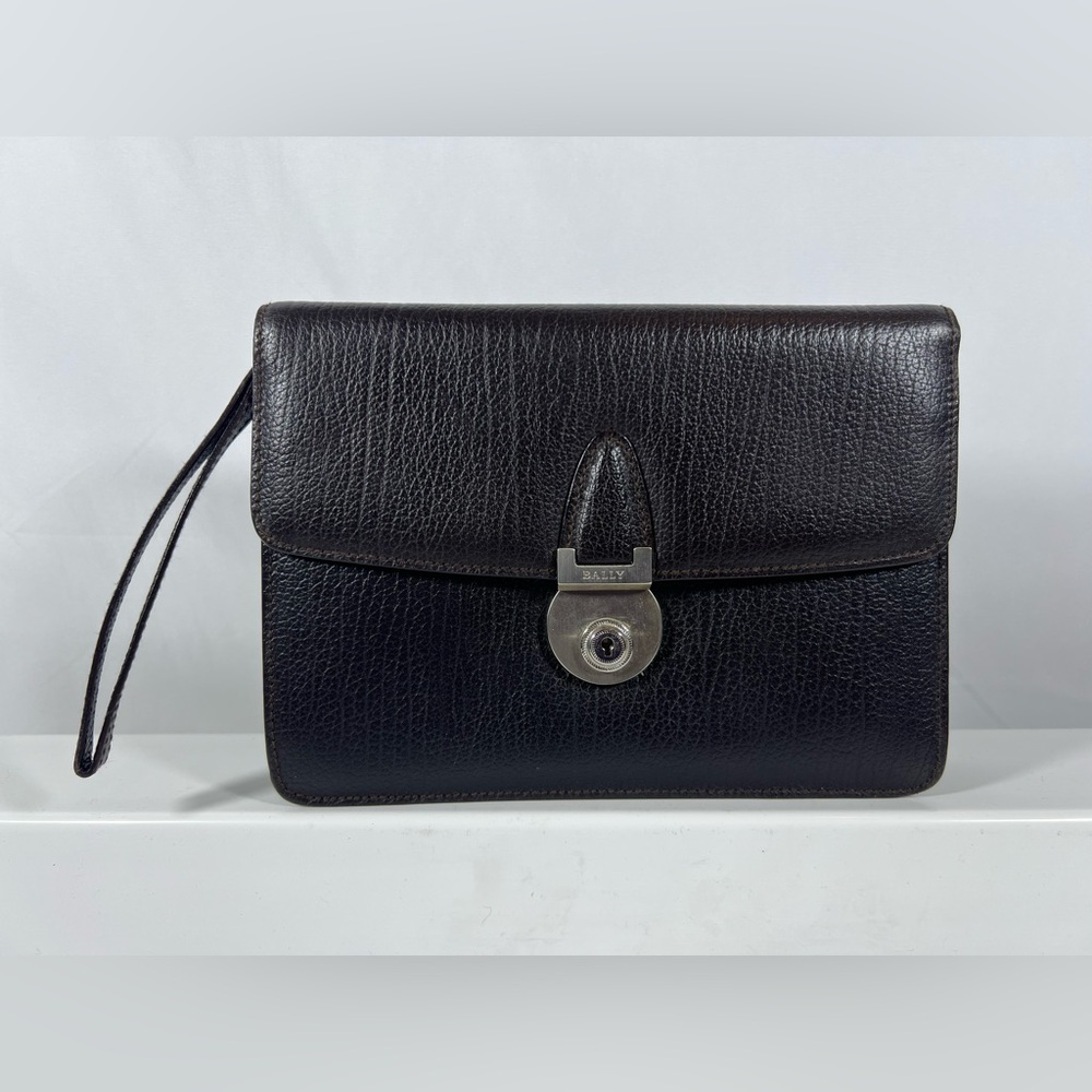 7042: Vintage Bally Brown Pebbled Leather Lock Clutch
